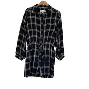 Vintage Havana Dress S Black White Plaid Puff Sleeve Raw HemTie Waist Oversized